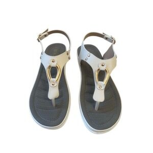 Sandals Thong Ankle Strap Gold Accent Casual Summer Comfort White 6.5